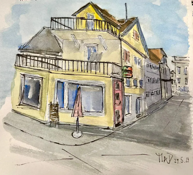 Handgemaltes Bild vom Restaurantshaus